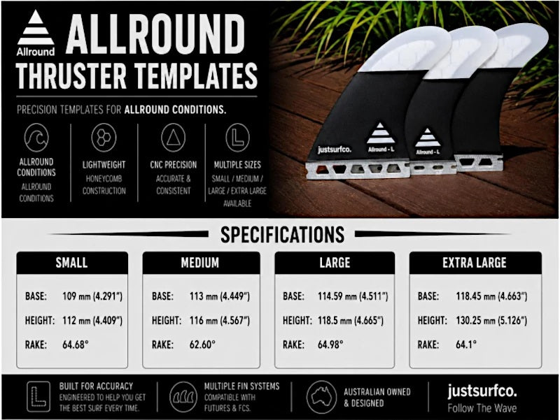 justsurfco Allround Fins Thruster Single Tab Glass Foamcore