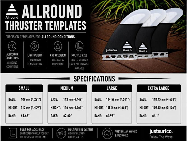 justsurfco Allround Fins Thruster Single Tab Glass Foamcore