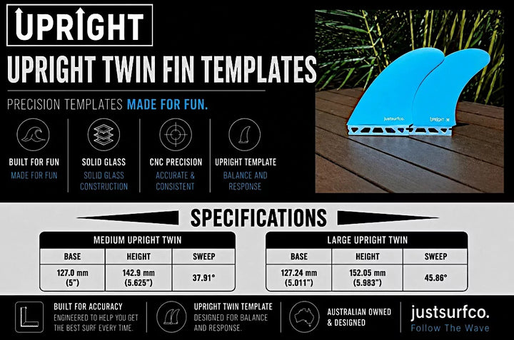 justsurfco Upright Glass Twin Fins Single Tab